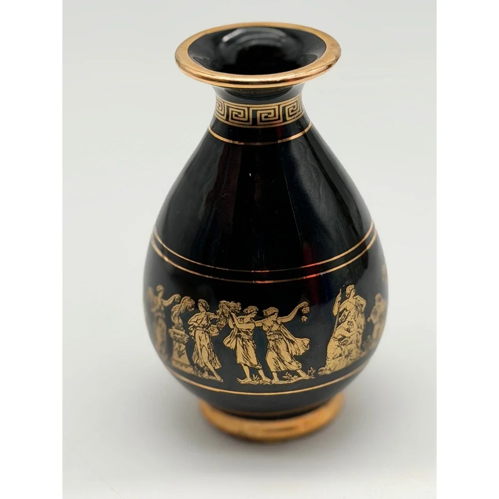 D. Vassilopoulos Greece Hand Made 24K Gold Black Ceramic Bud Vase Greek Figures
